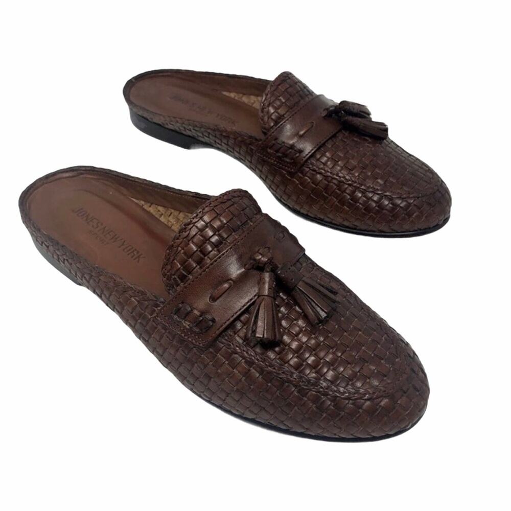 Jones NY Brown Woven Leather Tassel Mules 6.5 M